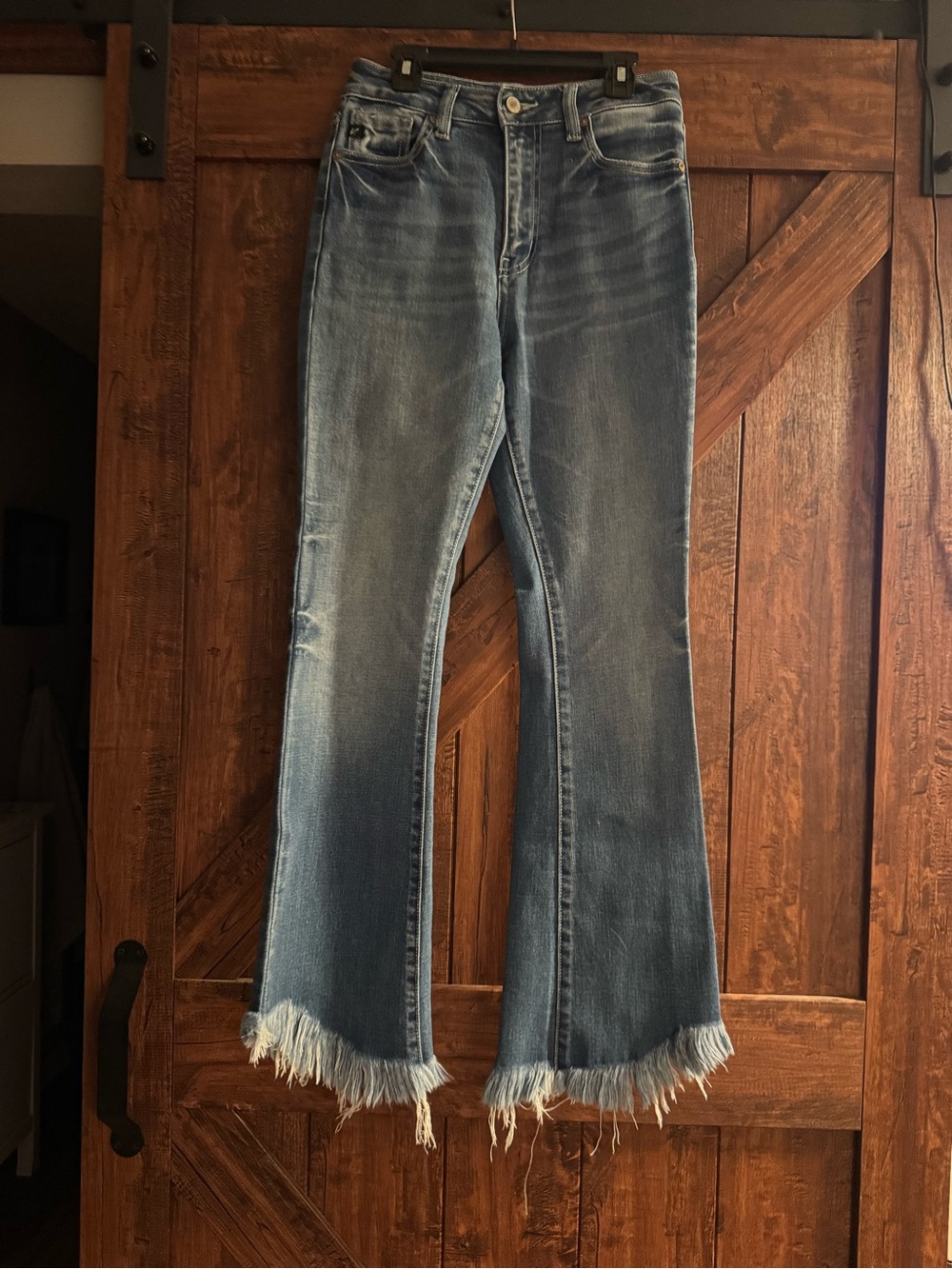 KanCan Medium Blue Frayed-Hem Flare Jeans